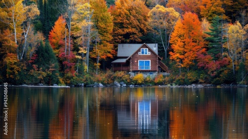 Wallpaper Mural Tranquility by the Lake. Serene lakeside cabin surrounded by vibrant autumn colors Torontodigital.ca