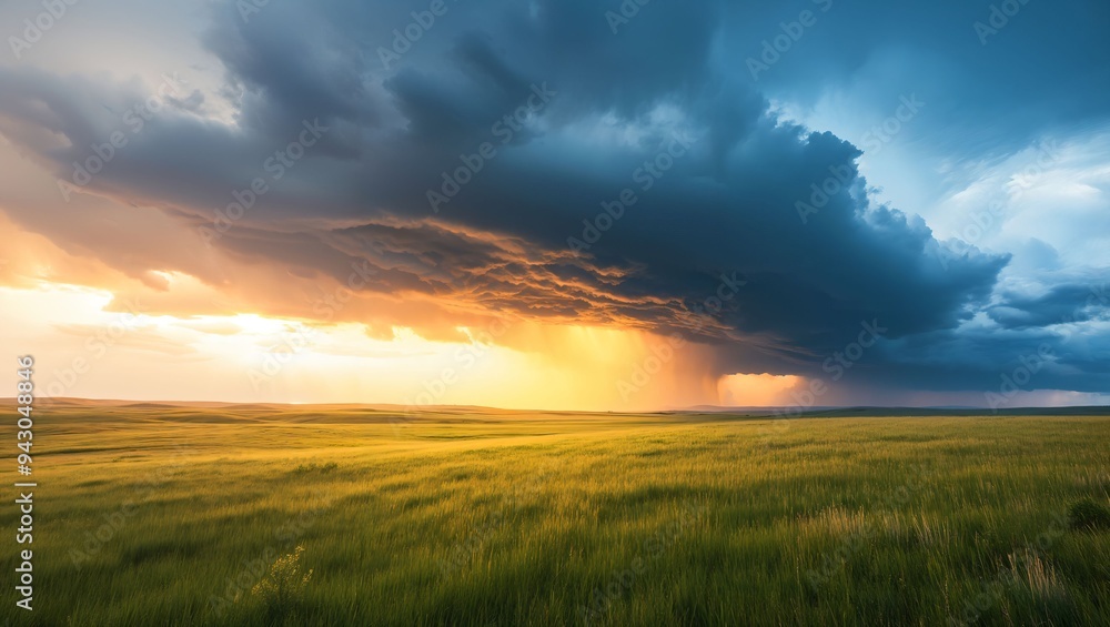 A Stunning Display of Nature's Power: The Sun Sets Behind a Dramatic Storm, Casting Golden Hues and Shadows Across Open Fields in a Captivating Landscape. A Stunning Display of Nature's Power: The Sun Sets Behind a Dramatic Storm, Casting Golden Hues and Shadows Across Open Fields in a Captivating Landscape.
