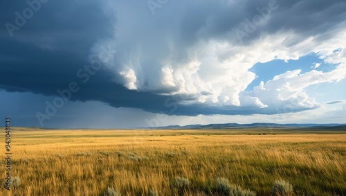 A sweeping panorama showcases the dramatic interplay of clouds and golden grasslands, evoking a sense of tranquility and the vastness of nature's beauty across the horizon.