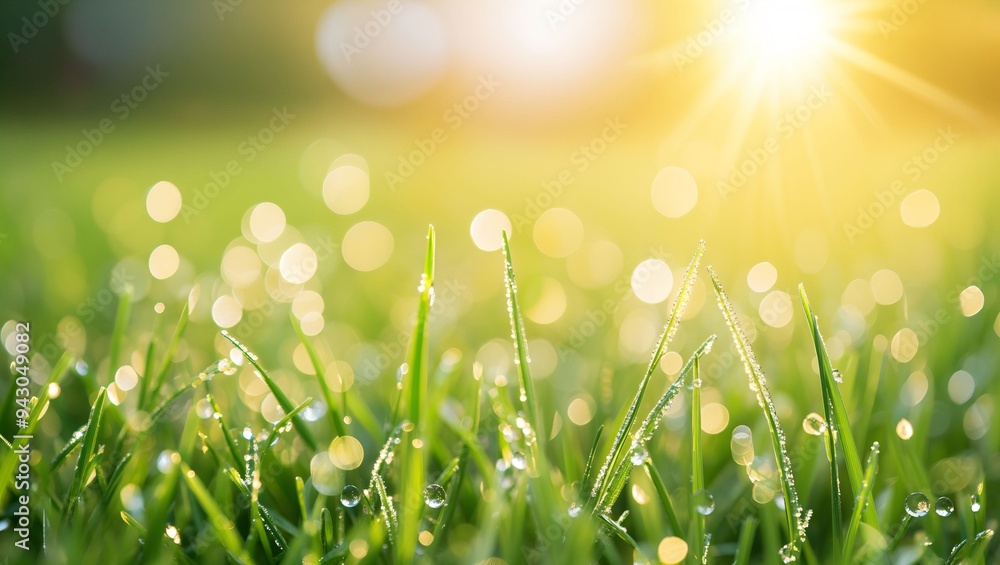 Obraz premium Radiant Morning Dew: A Serene Glimpse of Nature's Beauty Enhanced by the Golden Glow of Sunlight Dancing Upon Lively Green Grass Covered in Sparkling Droplets