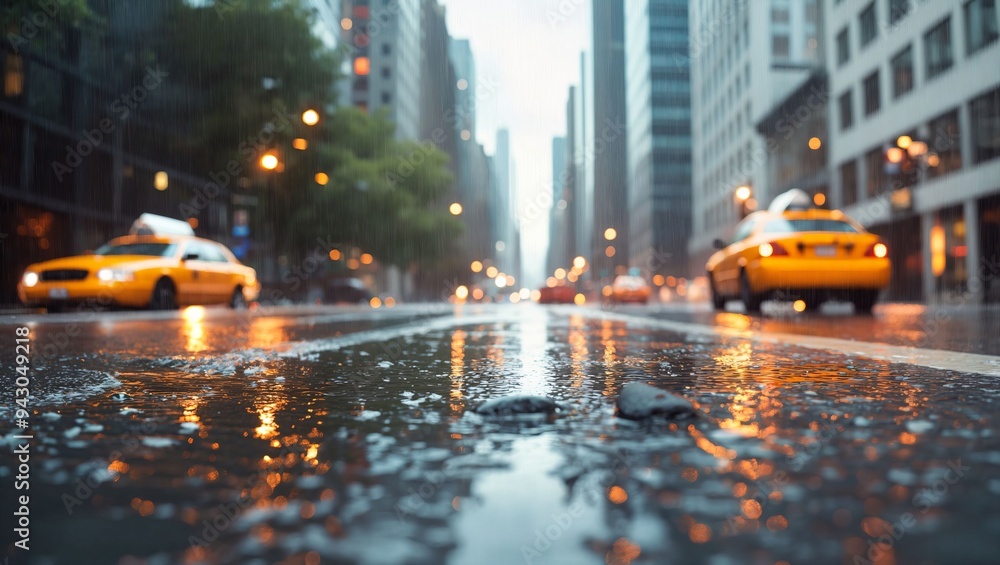 A rainy evening in the city captures the essence of urban life as yellow taxis splash through puddles reflecting vibrant lights and the shimmering atmosphere of downtown. A rainy evening in the city captures the essence of urban life as yellow taxis splash through puddles reflecting vibrant lights and the shimmering atmosphere of downtown.