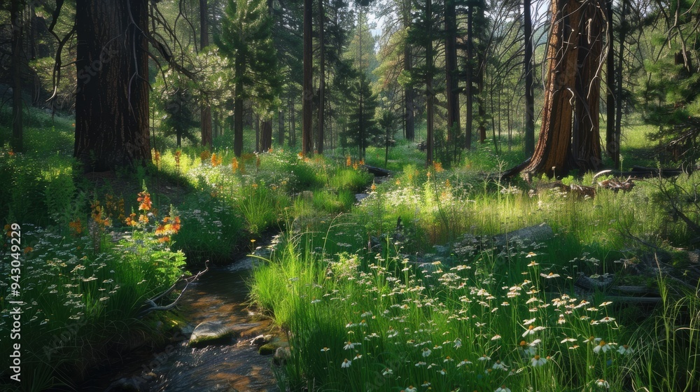 Serene Oasis in the Heart of Nature. Tranquil forest glade with a babbling brook, wildflowers,... Serene Oasis in the Heart of Nature. Tranquil forest glade with a babbling brook, wildflowers,...