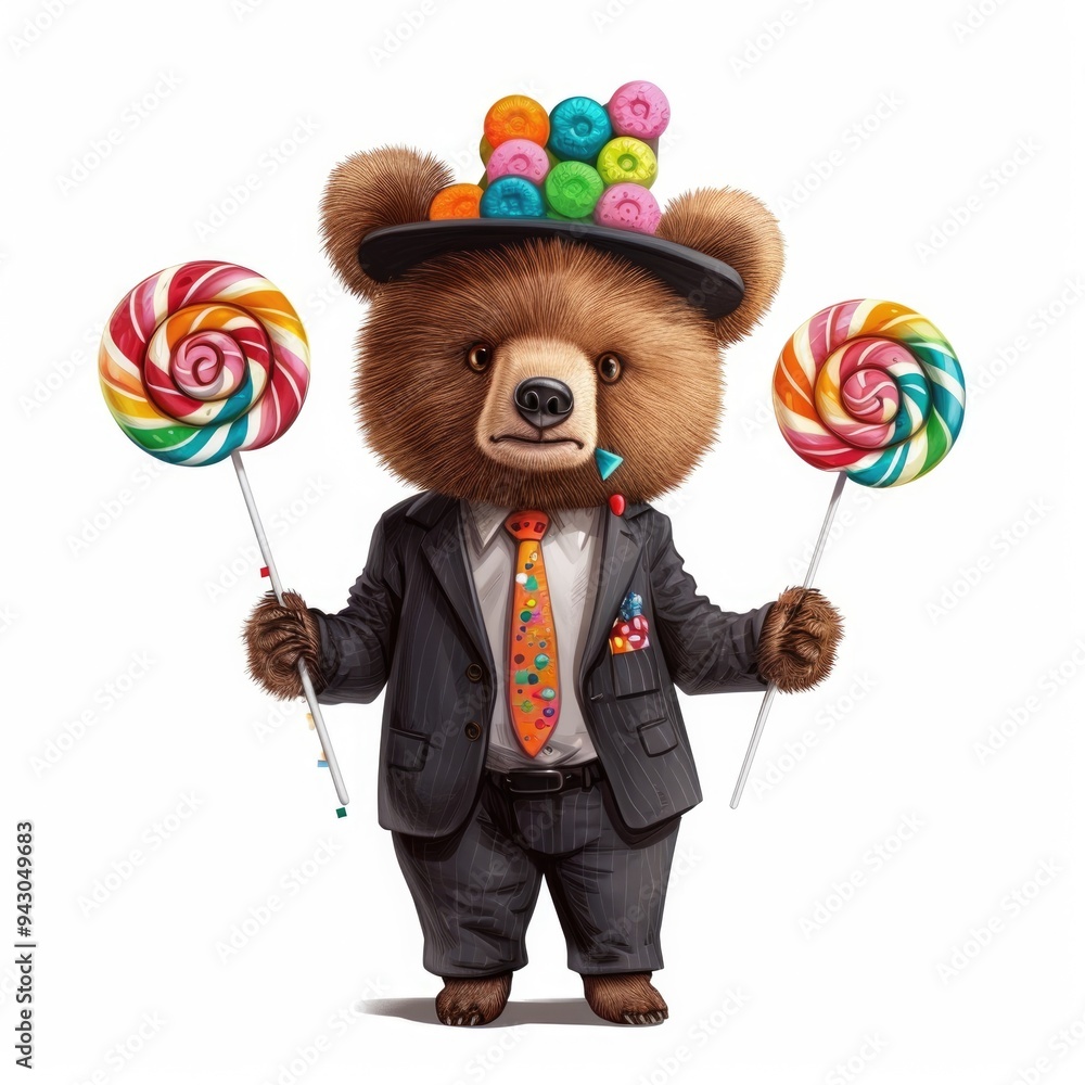 Birthday Bash Bear: A Playful and Colorful Cartoon Character in a Fancy Suit with Lollipops Birthday Bash Bear: A Playful and Colorful Cartoon Character in a Fancy Suit with Lollipops