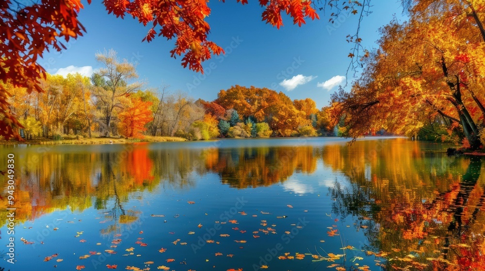 Serene Autumn Reflections. Tranquil lake surrounded by autumn trees concept Serene Autumn Reflections. Tranquil lake surrounded by autumn trees concept