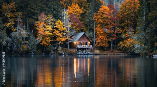 Serene Autumn Escape. Peaceful lakeside cabin in a dense forest