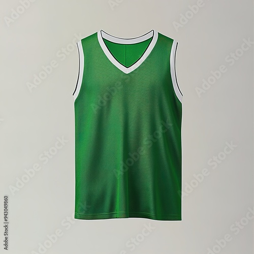 Green sports jersey with white trim hanging on a neutral background