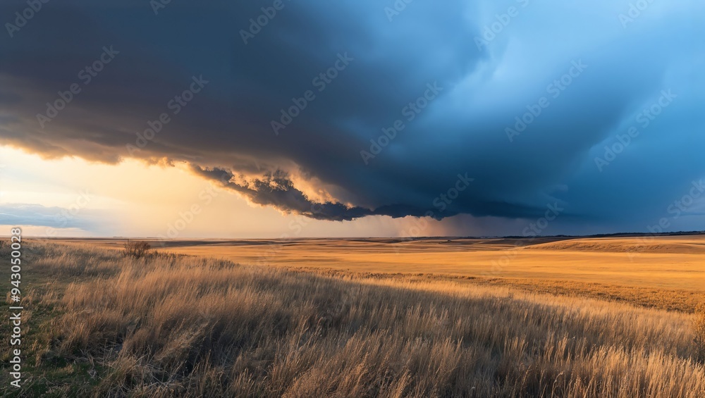 Obraz premium As the Sun Sets, Dark Clouds Gather, Painting a Hauntingly Beautiful Landscape of Golden Fields Under a Tumultuous Sky, Capturing Nature's Breathtaking Power and Tranquility