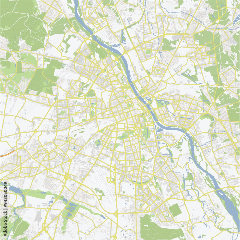 Fototapeta premium Road map of Warsaw in Poland. Contains layered vector with roads water, parks, etc.