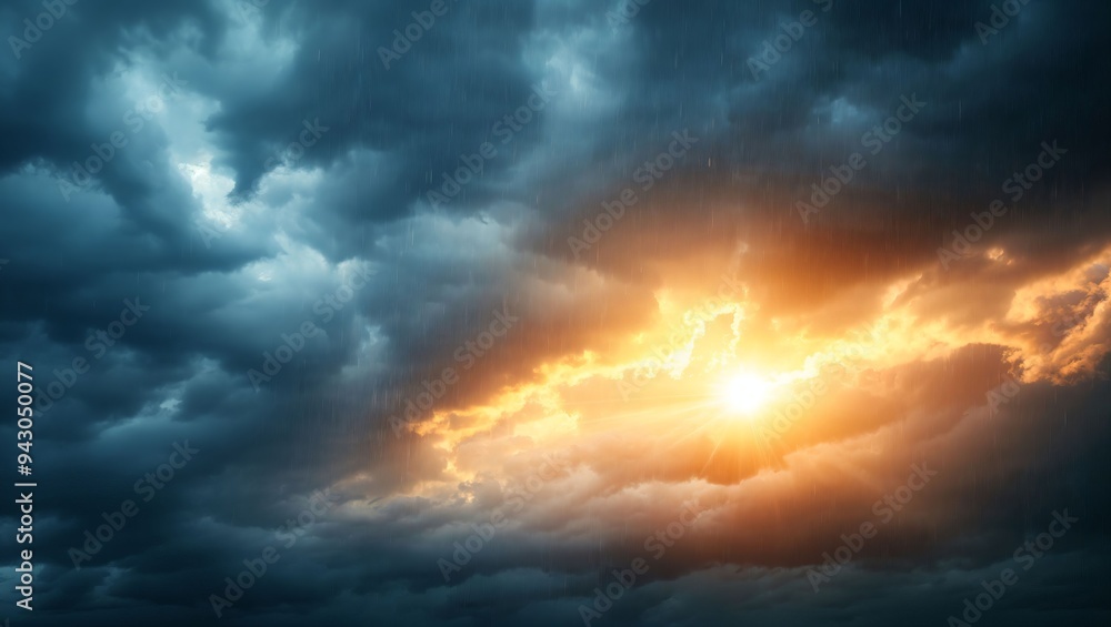 An awe-inspiring view of dark storm clouds juxtaposed with a vibrant sunset, illuminating the horizon with golden rays, capturing the beauty of nature's contrast and chaos. An awe-inspiring view of dark storm clouds juxtaposed with a vibrant sunset, illuminating the horizon with golden rays, capturing the beauty of nature's contrast and chaos.