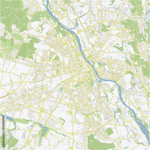 Road map of Warsaw in Poland. Contains layered vector with roads water, parks, etc.