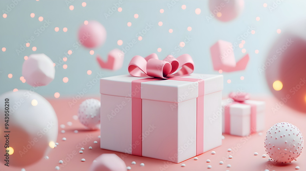 Low Poly 3D Gift Box Scene: Snowy, Spherical Sculpture Display with Light Orange and Azure Gift Items. Low Poly 3D Gift Box Scene: Snowy, Spherical Sculpture Display with Light Orange and Azure Gift Items.