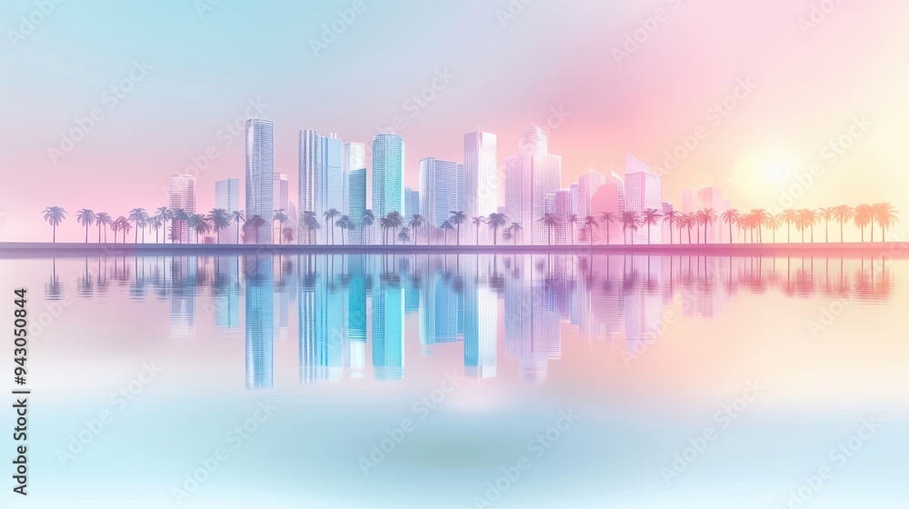 A city skyline with a large body of water in the background. The water is reflecting the city buildings and the sky A city skyline with a large body of water in the background. The water is reflecting the city buildings and the sky