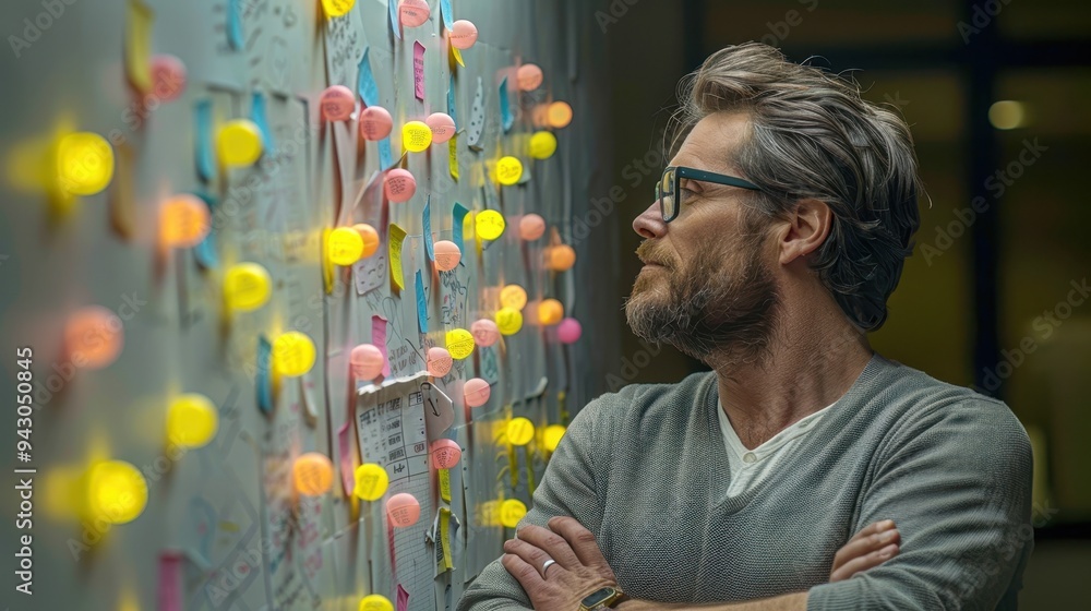 A thoughtful man examining colorful notes on a wall, showcasing creativity and brainstorming in a collaborative workspace. A thoughtful man examining colorful notes on a wall, showcasing creativity and brainstorming in a collaborative workspace.