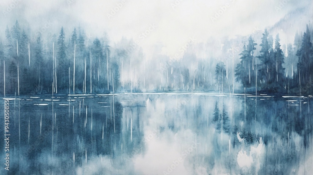 A serene, misty forest landscape reflected in calm, still water, depicted in soft, muted watercolor tones of blue and green. The tranquil scene evokes a sense of peace and quietude A serene, misty forest landscape reflected in calm, still water, depicted in soft, muted watercolor tones of blue and green. The tranquil scene evokes a sense of peace and quietude