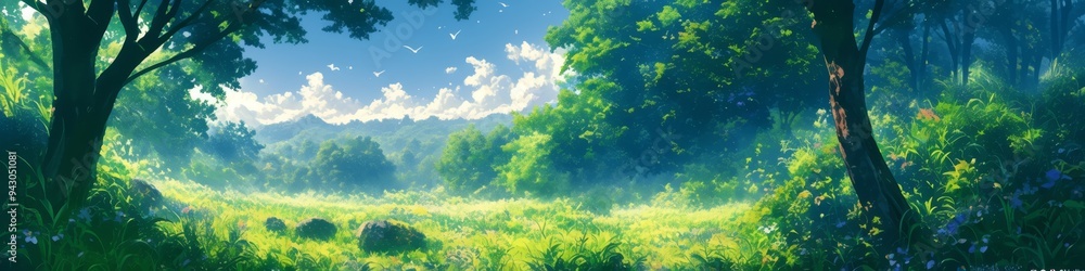 Fototapeta premium Whimsical Summer Sky: Cartoon-Style Clouds and Vibrant Blue Background for Creative Marketing. AI-Generated Artistic Nature Illustration with Copy Space. Minimalist Composition for Elegant Graphic Des