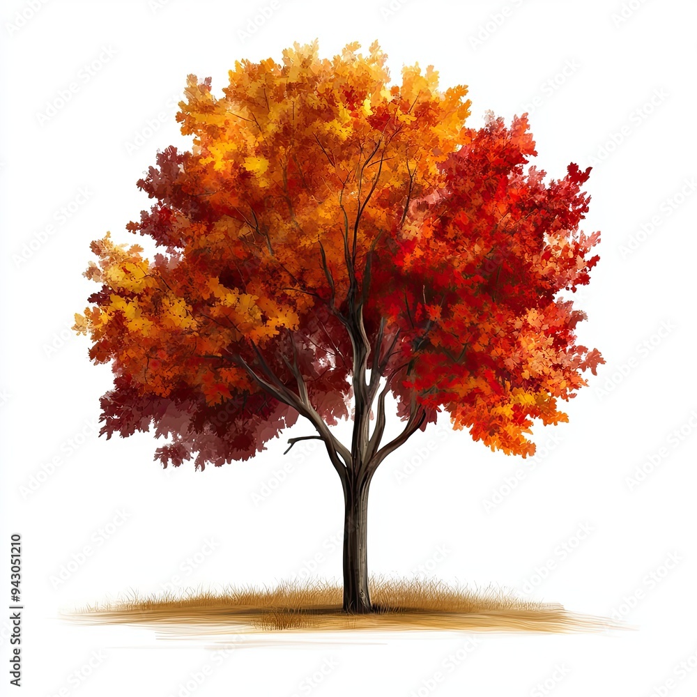 Fototapeta premium Vibrant Autumn Tree with Red and Orange Leaves, Illustration of a solitary tree in full autumn bloom, showcasing vibrant red and orange leaves against a clean white background.