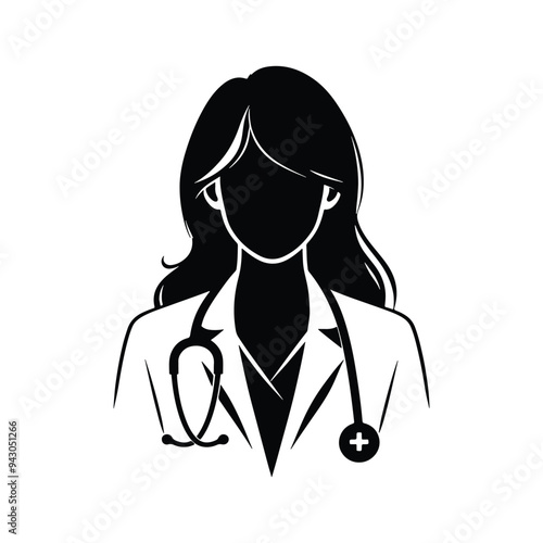 Female doctor specialist with stethoscope silhouette on white background, clinic nurse vector icon, doctor icon