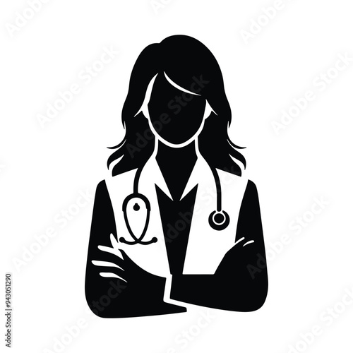 Female doctor specialist with stethoscope silhouette on white background, clinic nurse vector icon, doctor icon
