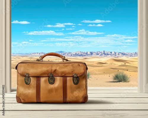 A vintage leather bag rests on a wooden floor, framed by an inspiring desert landscape and clear blue sky. photo