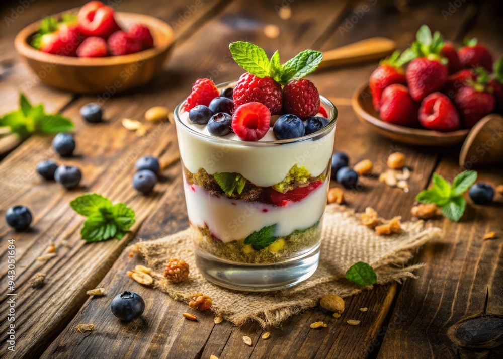 Vibrant morning scene fresh berries Greek yogurt granola parfait colorful rustic wooden table moody soft focus warm golden light still life photography intimate simple Vibrant morning scene fresh berries Greek yogurt granola parfait colorful rustic wooden table moody soft focus warm golden light still life photography intimate simple