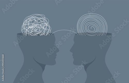 Human silhouettes facing each other with tangled and untangled balls in their heads. Flat vector illustration