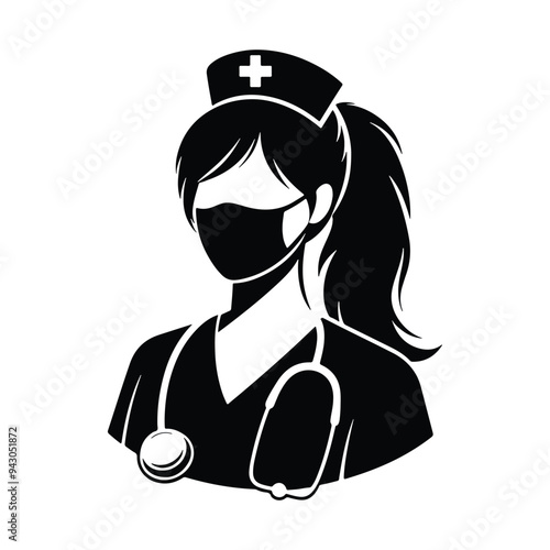 Black color silhouette of a female nurse icon on white background, nurse icon