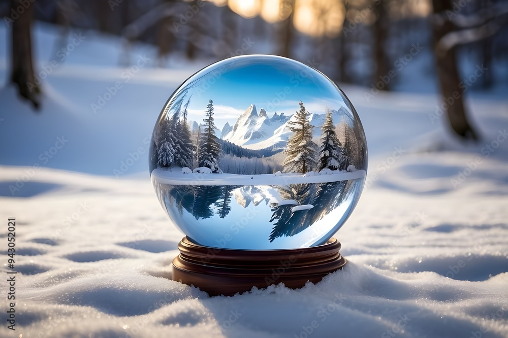 The gorgeous winter landscape is reflected in the snow by the crystal clear crystal ball.