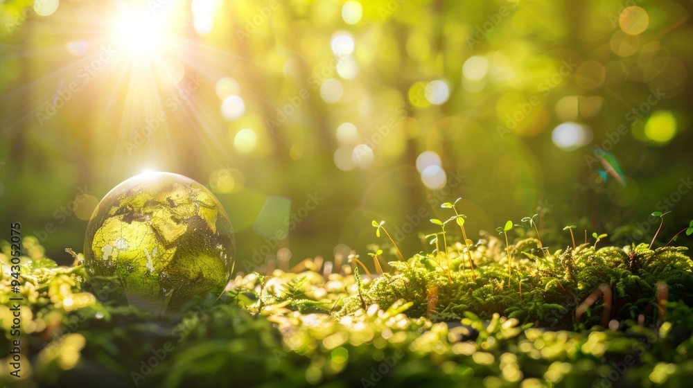 Glass globe on green moss in nature concept for environment and conservation Glass globe on green moss in nature concept for environment and conservation