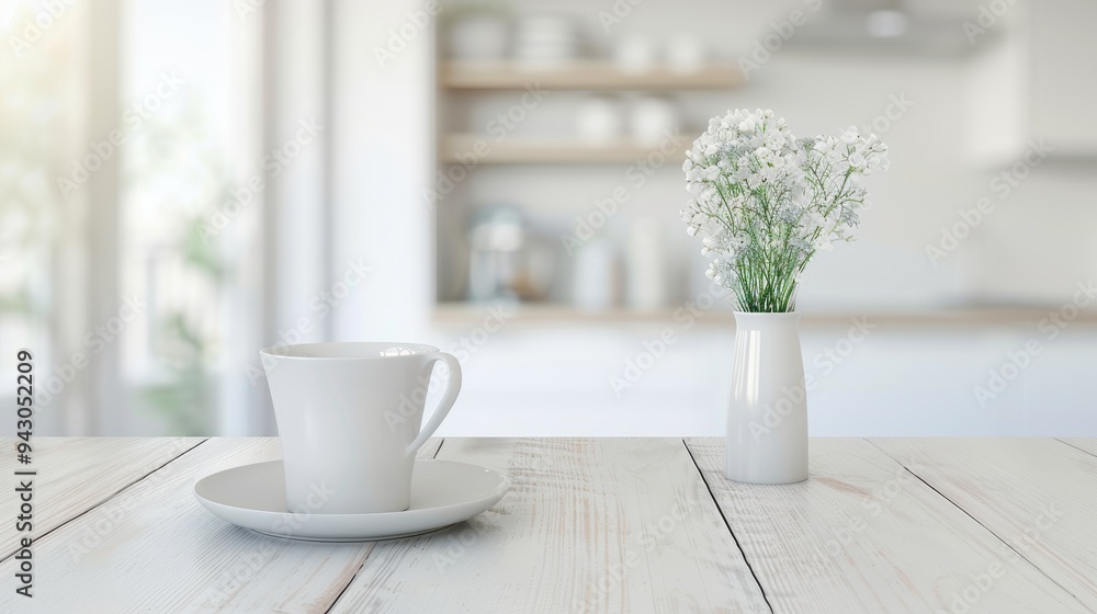 A white coffee cup and saucer sit on a wooden table next to a vase of white flowers. The scene is simple and clean, with a focus on the white color scheme A white coffee cup and saucer sit on a wooden table next to a vase of white flowers. The scene is simple and clean, with a focus on the white color scheme