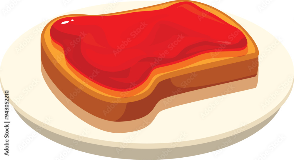 Toasted bread slice lying on a plate with strawberry jam spread on top, simple breakfast meal for children Toasted bread slice lying on a plate with strawberry jam spread on top, simple breakfast meal for children