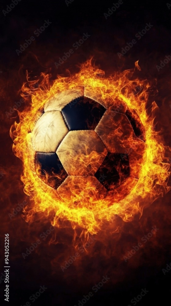 Fototapeta premium Flaming soccer ball on dark background capturing motion energy