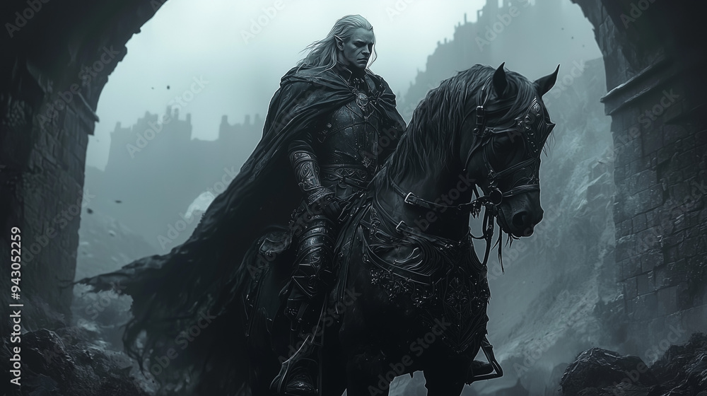 drow warrior with a focused gaze riding through a crumbling archway amidst the ruins of an ancient fortress drow warrior with a focused gaze riding through a crumbling archway amidst the ruins of an ancient fortress