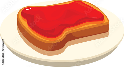 Toasted bread slice lying on a plate with strawberry jam spread on top, simple breakfast meal for children