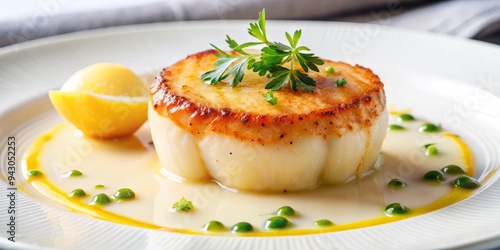 A photo image of a crispy pan-seared scallop served on a white plate with a dollop of citrusy beurre blanc sauce. photo