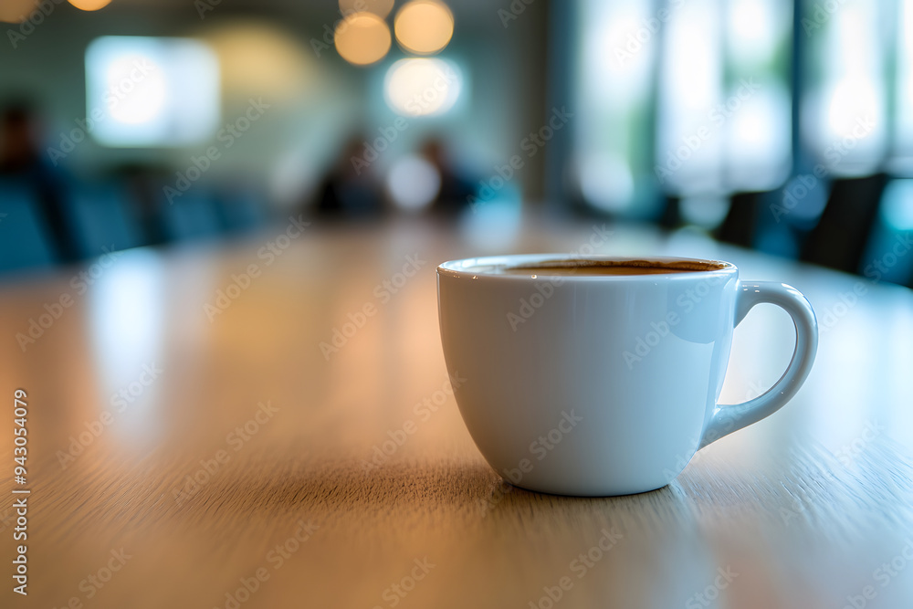 A cup of coffee with a blurred background of a meeting A cup of coffee with a blurred background of a meeting