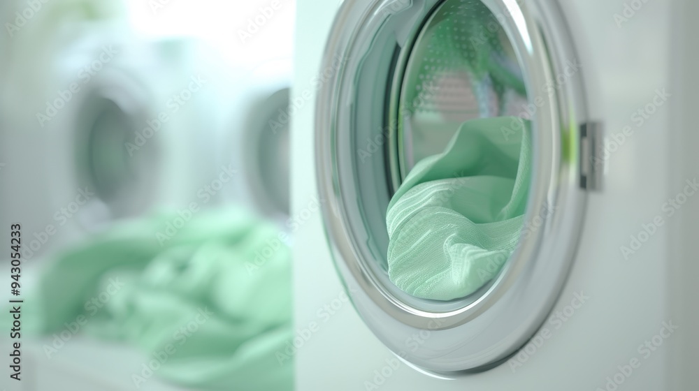 A white washing machine with a green shirt inside. The shirt is almost dry A white washing machine with a green shirt inside. The shirt is almost dry
