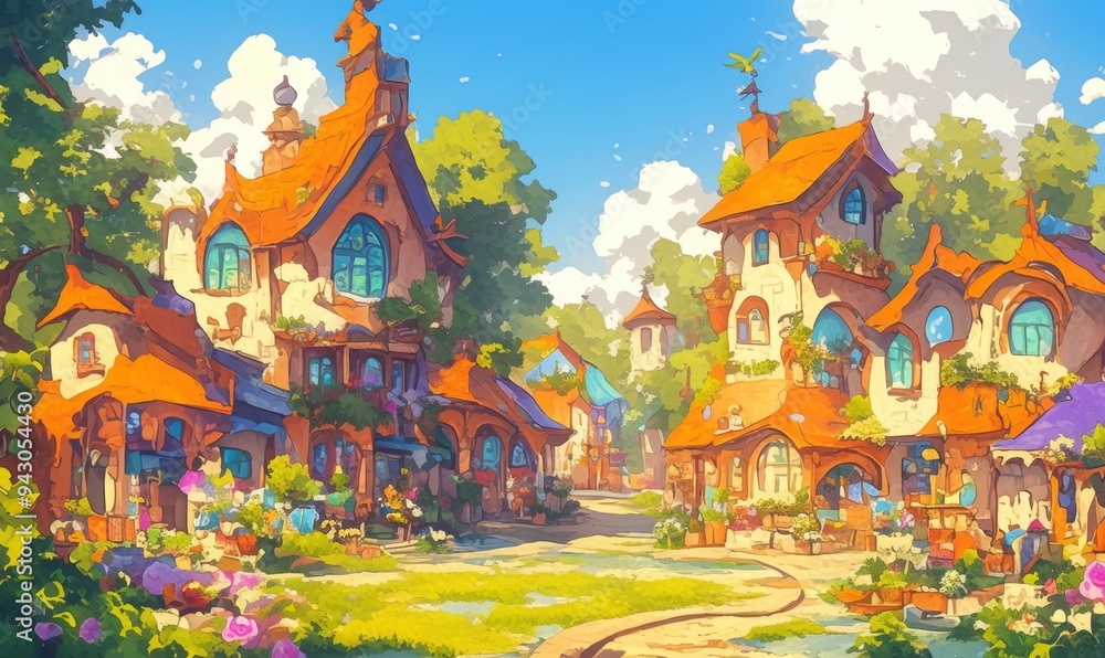 Obraz premium Enchanting Fairy Town: Whimsical Cartoon Illustration of Cozy Neighborhood for Storybook Marketing. AI-Generated Artistic Scene with Charming Streets and Magical Atmosphere. Perfect for Children's Boo