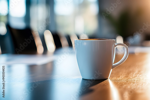 A cup of coffee with a blurred background of a meeting