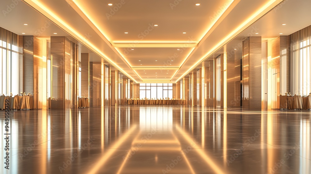Elegant Empty Banquet Space with Shiny Surfaces, Modern Architectural Features, and Warm Lighting Elegant Empty Banquet Space with Shiny Surfaces, Modern Architectural Features, and Warm Lighting