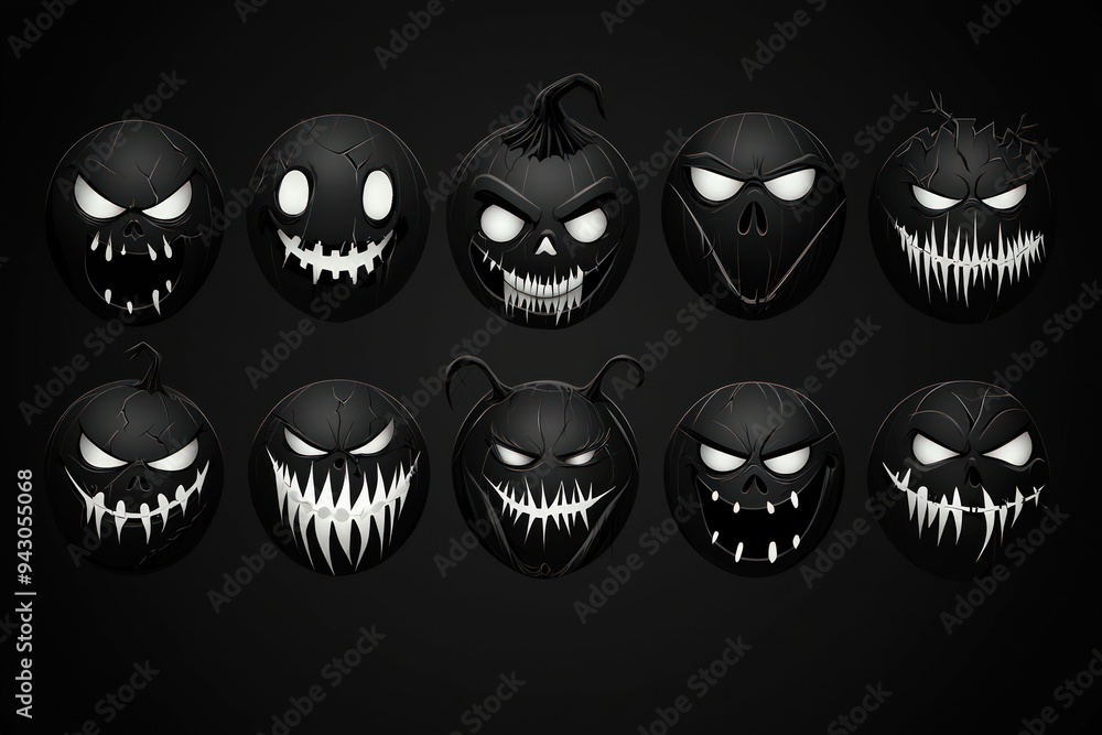 Naklejka premium Halloween face icons with creepy smiles and glowing eyes in a black and white vector set.