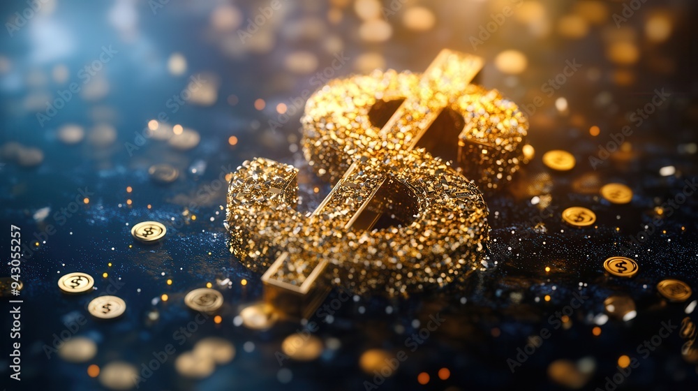 Close-up of a golden dollar sign with sparkling coins surrounding it, representing wealth, finance, and economic success. Close-up of a golden dollar sign with sparkling coins surrounding it, representing wealth, finance, and economic success.