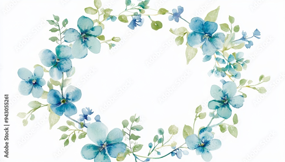 Watercolor Pastel Circular Wreath with Blue and Green Blooms Watercolor Pastel Circular Wreath with Blue and Green Blooms