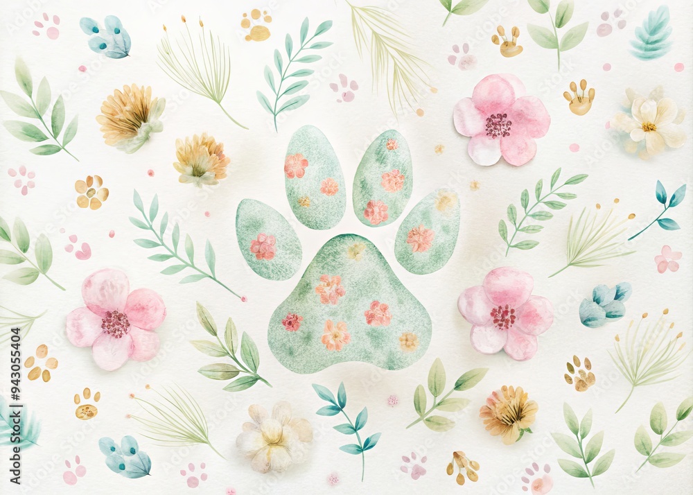 Whimsical minimalist portrait of a cat's paw print outline in soft pastel hues on a white background with delicate floral patterns and subtle texture. Whimsical minimalist portrait of a cat's paw print outline in soft pastel hues on a white background with delicate floral patterns and subtle texture.