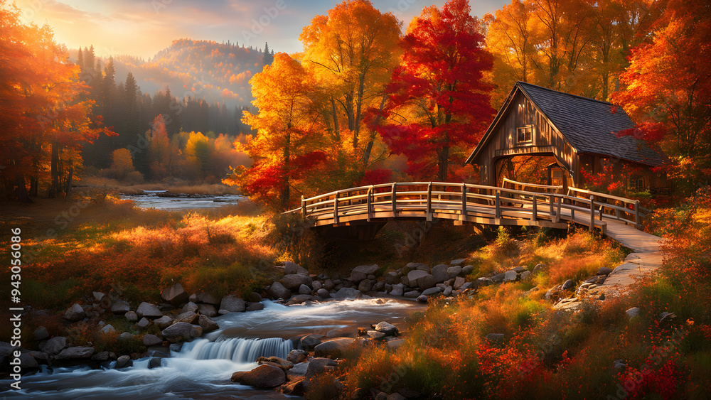 Obraz premium Cozy Autumn Landscape with Golden Hour River and Rustic Cabin – Seasonal Tranquility