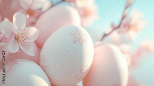 A close up of a bunch of eggs with pink flowers in the background. The eggs are decorated with pink and white designs