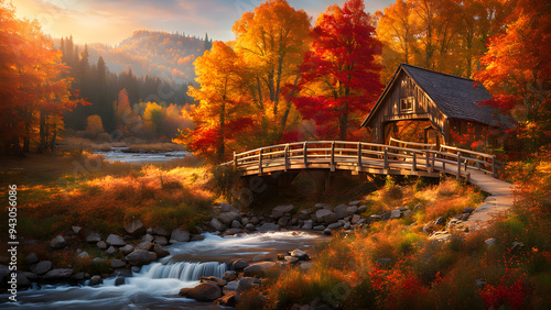 Cozy Autumn Landscape with Golden Hour River and Rustic Cabin – Seasonal Tranquility