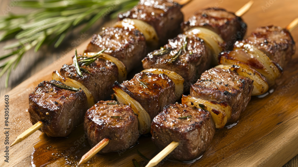 Arrange the beef skewers on a plate or a wooden board. The beef should be well-cooked, with a nice sear and visible grill marks. Arrange the beef skewers on a plate or a wooden board. The beef should be well-cooked, with a nice sear and visible grill marks.