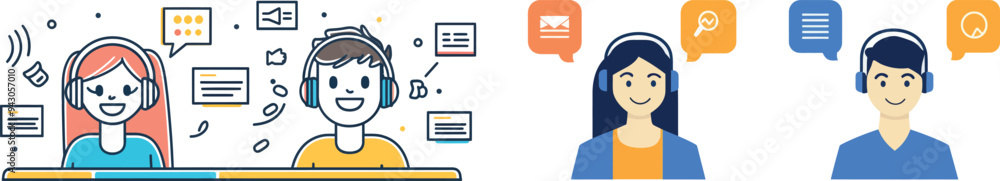 Modern illustration of a call center operator with a male and female avatar. Modern illustration of a call center operator with a male and female avatar.