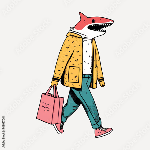 Shark-headed person shopping stylishly