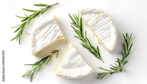 Pieces of tasty camembert cheese and rosemary isolated on white, top view
